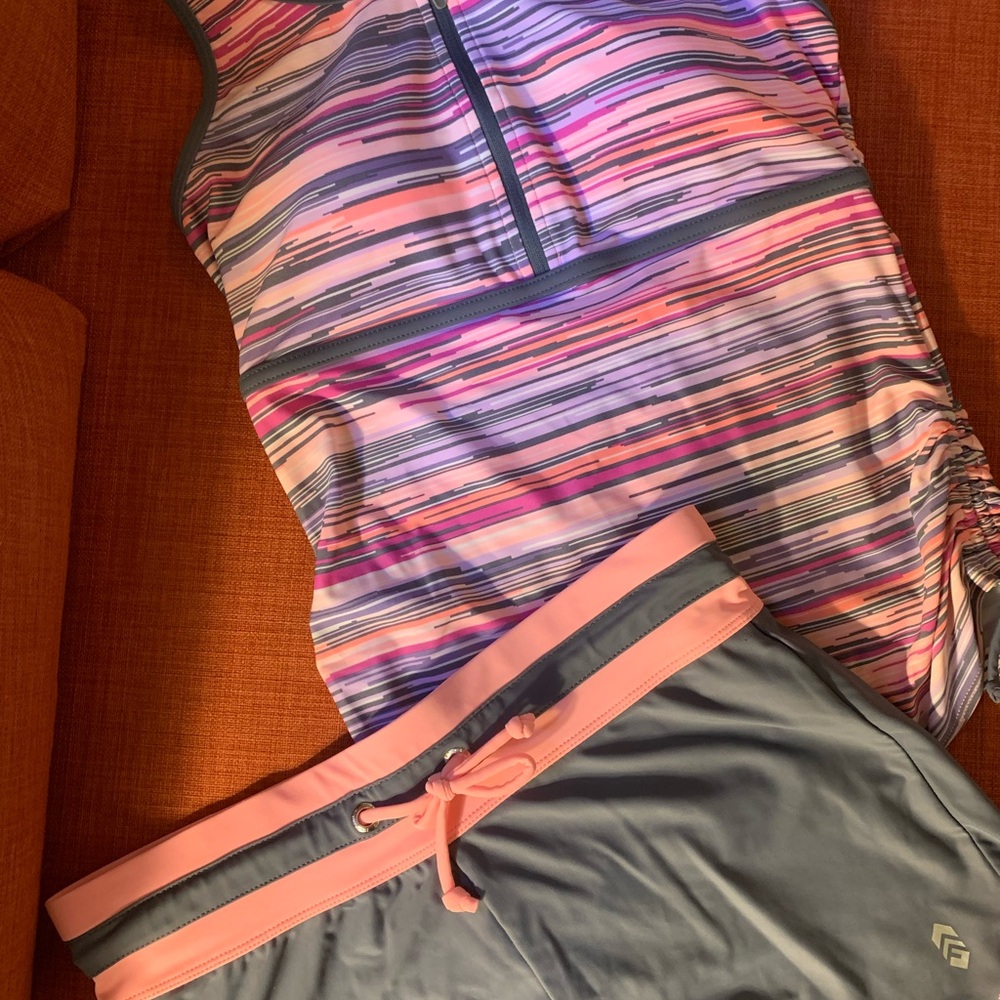 Free Country Pink and Gray Striped Tankini 2 piece Swimsuit